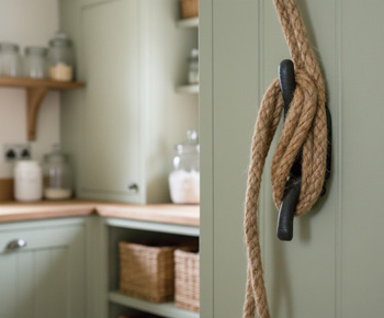 A black cast iron cleat hook is mounted on a green / grey wall with jute rope wrapped round it in a figure of eight. There is a kitchen set in the background