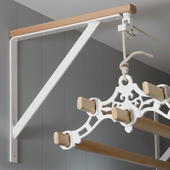 Ceiling clothes airer suspended from a wall bracket