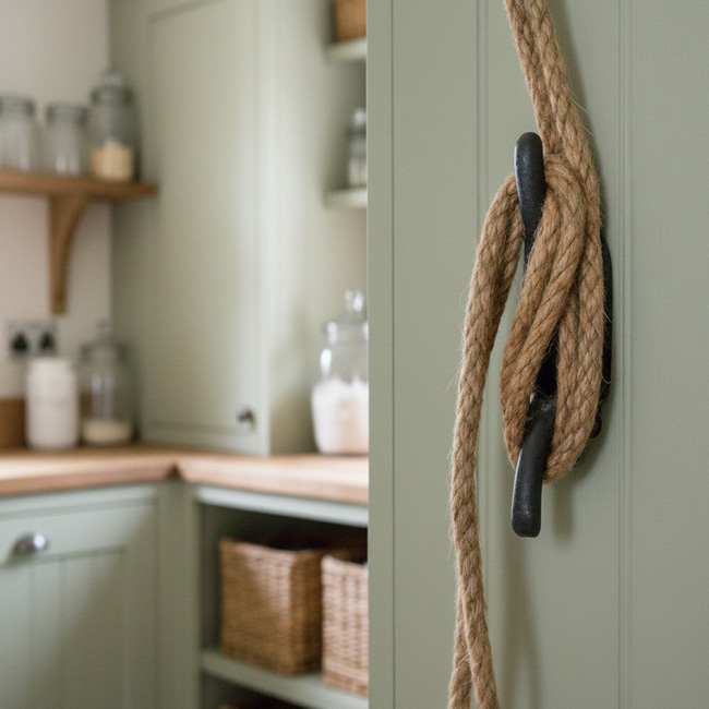 A black cast iron cleat hook is mounted on a green / grey wall with jute rope wrapped round it in a figure of eight. There is a kitchen set in the background