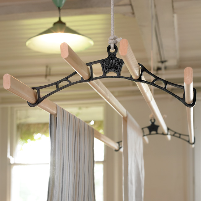 Pulleymaid ceiling mounted pulley operated clothes airer, hanging in situ in a traditional laundry room